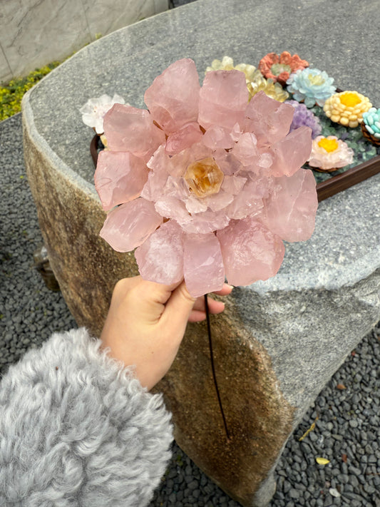 Handcrafted Natural Pink Quartz Rough Stone Flower