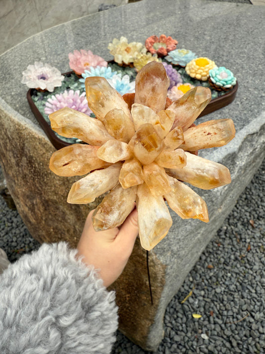 Handcrafted Natural Citrine Rough Stone Striped Crystal Flower